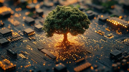 Poster - Tree on a glowing circuit board, symbolizing nature and technology fusion concept