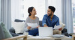 © peopleimages.com - Happy, planning and couple with paperwork, laptop or salary budget for household bills and mortgage. Financial documents, credit score and people with income for investment, report or savings audit