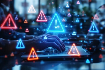 cybersecurity threat concept with hands typing on laptop and warning symbols floating in digital spa