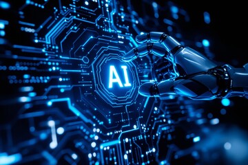 Poster - Futuristic robotic hand interacting with AI-powered circuitry.