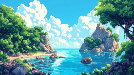 Wall Mural - Tropical island with lush greenery and clear blue water, peaceful paradise concept