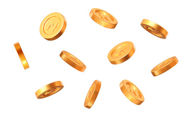 Wall Mural - 3d flying golden nigerian naira coins with different angles. stock vector illustration on isolated b
