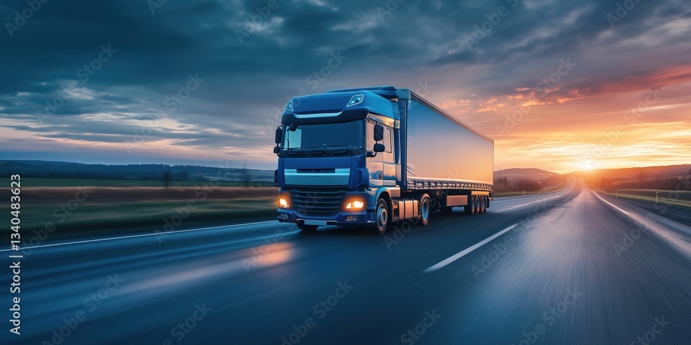 Blue truck driving on highway at sunset with dramatic sky and blurred ...
