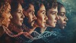 © Johannes - Diverse group of people with dna strands, symbolizing genealogy and genetic heritage.