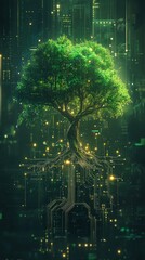 Poster - Tree merging with circuit board, green glowing visuals. Nature and technology fusion