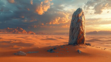 Wall Mural - Desert landscape with towering rock under dramatic sky at sunset, solitude concept