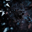 © Aquir - Black crystal exploding and creating shards, on a dark background with reflections.