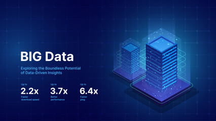 Fototapete - Artificial Intelligence 3D Cube Isometric Icon. Big Data Server Storage. Abstract Hi-Tech Background. Information Processing. Cloud Data Transfer. Vector Illustration.