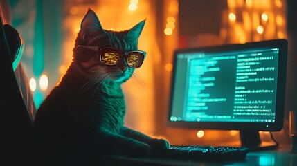 Cool cat in sunglasses coding at night.