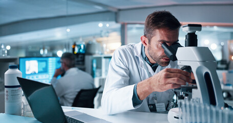 Aufkleber - Science, laptop and microscope with man in laboratory for DNA discovery, healthcare or research. Gene study, medical and clinical trial with scientist in clinic for forensics, results and biotech