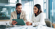 © peopleimages.com - Woman, man and meeting on tablet at office of planning, financial document and company growth. People, discussion and online information for paperwork, profit graph and investment report and feedback