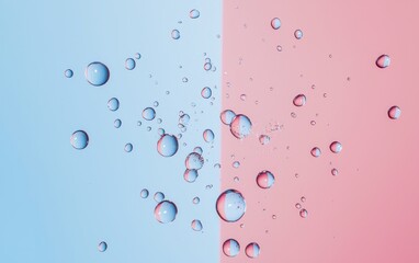 Water droplets scattered on a split pink and blue background