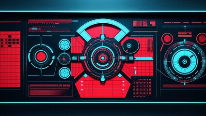 high-tech digital interface displayed on a flat, horizontal screen. The layout is sleek and modern, featuring a combination of vibrant neon colors, primarily red and blue, against a dark background. T