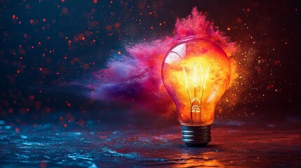 Wall Mural - Glowing light bulb with colorful smoke on dark background, creative energy concept