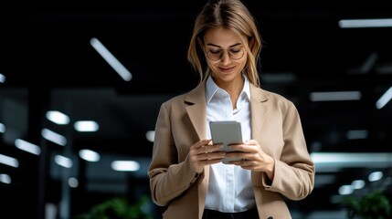 Leinwandbilder - A woman in a business suit is looking at her cell phone