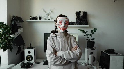 Cyberpunk hacker in white setting surrounded by advanced technologies and digital code. Concept cybersecurity, online privacy, identity protection, futuristic cyber defense in high-tech environment.