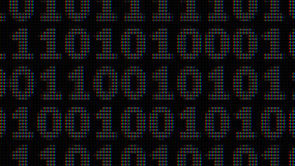 Display of Binary Numbers on Monitor with Close Up Shot Effect with Visible Red Green Blue Pixels. RGB LED Display Pixels Effect. Digital Technology Machine Code Background. Vector Illustration.