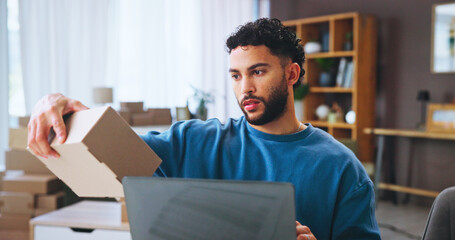 Aufkleber - Small business, check and man with box, laptop and planning for order with cardboard, serious or digital. Logistics, entrepreneur and reading label for dropshipping, review or package for online shop