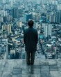 © 2D_Jungle - Contemplative figure overlooking urban landscape cityscape image high-rise environment rear view reflection of isolation