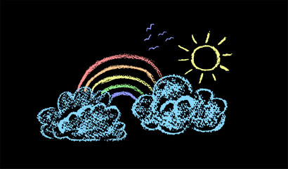 Wall Mural - crayon clouds with rainbow. sky with sun and silhouette of a flock of birds. colorful wax pencil kid