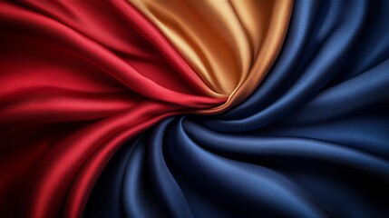 Poster - Vibrant swirling red, gold, and blue fabric folds, abstract art. Colorful design concept