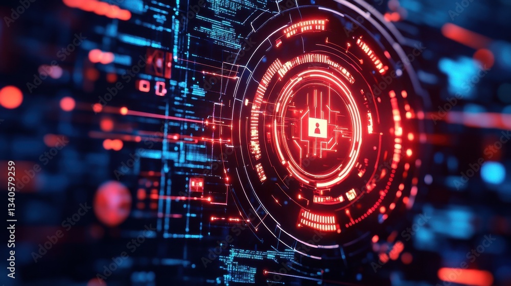 Futuristic digital security system with glowing red circular interface neutralizing cyber threat in high tech environment