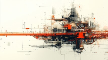 Intricate and complex abstract architectural structure in orange and gray