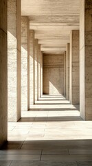 Poster - Modern stone corridor with tall columns and sunlight casting shadows