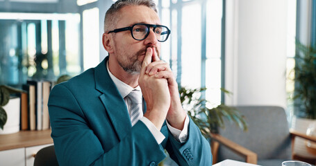 Poster - Mature businessman, thinking and stress in office, reflection and solution at investment agency. Person, financial advisor and problem solving with perspective, choice or decision for stock market