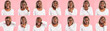 © Prostock-studio - Human Emotions Concept. Composition set of young black woman emotional portraits. African american female grimacing and expressing positive and negative reactions at pink studio background, panorama