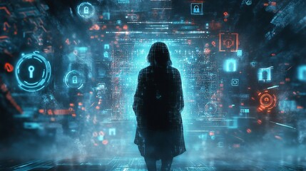 A shadowy figure in a cloak enveloped by luminous programming code, representing hacking, encryption, and digital intelligence