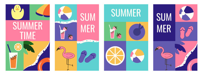  Summer vector illustration. Set Summer geometric poster cover template design. Big Summer placard collection in jucy vibrant color. EPS 10