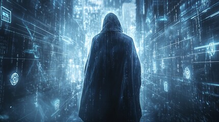 A silhouette of a cyber warrior in a cloak, bathed in the glow of floating programming scripts