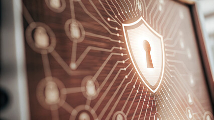 Close-up of a glowing shield icon on a digital screen, symbolizing cybersecurity and protection, with binary code and network connections in the background. Digital security and data protection