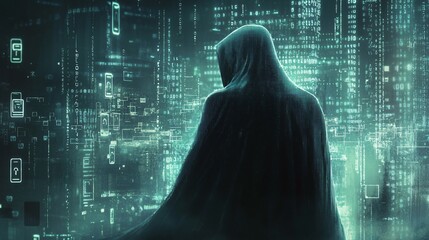 A shadowy hacker in a cape, illuminated by cascading digital code, standing as a guardian of cyberspace