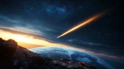 Wall Mural - bright orange streak of light is seen in the sky above a planet. the planet is surrounded by a dark 