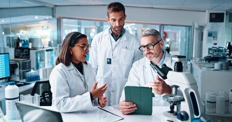 Wall Mural - discussion, science and tablet with people in laboratory together for breakthrough or development. c