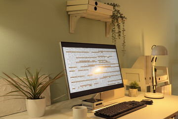 Workplace of programmer with computer in office
