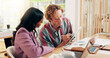 © KayExam/peopleimages.com - Research, students or people on tablet for university exam in class with price theory, finance info or education. Help, economics or project advice in college with technology, learning or teamwork