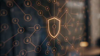 Close-up of a glowing shield icon on a digital screen, symbolizing cybersecurity and protection, with binary code and network connections in the background. Digital security and data protection