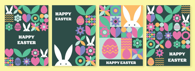 Wall Mural - easter bunny, egg and flower background. collection of geometric greeting cards with cartoon element