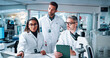 © CC/peopleimages.com - Pointing, science and tablet with people in laboratory together for breakthrough or development. Collaboration, laptop and microscope with medical research team in clinical trial for discussion