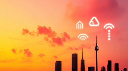 Fototapete - A vibrant sunset over a city skyline, featuring digital icons representing connectivity, sustainability, and technology.