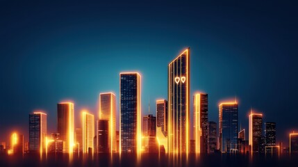 Fototapete - A vibrant city skyline illuminated by neon lights against a dark blue background, showcasing modern architecture and a futuristic atmosphere.
