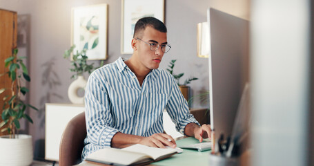 Poster - Computer, man and thinking with home office, reading and remote work for startup business. Event planning, design and research with notebook for freelance employee in apartment with idea or proposal