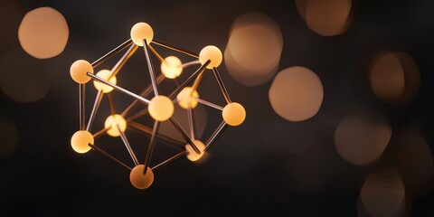 A glowing geometric structure made of interconnected spheres, set against a blurred dark background with soft light bokeh effects.