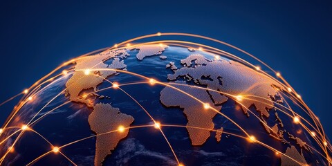 Fototapete - A glowing globe with interconnected lines, symbolizing global connectivity and communication across continents.