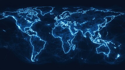 Fototapete - A glowing blue map of the world, featuring illuminated lines representing geographical locations against a dark background.