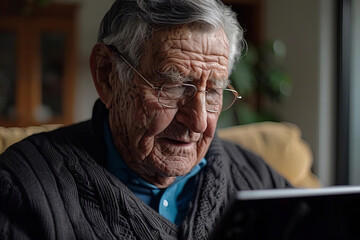 Wall Mural - elderly man engages in video conference webinar training on tablet from home