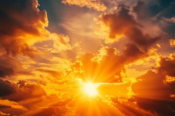 Aufkleber - Colorful sunset creates radiant display across the horizon with vibrant clouds and sun rays